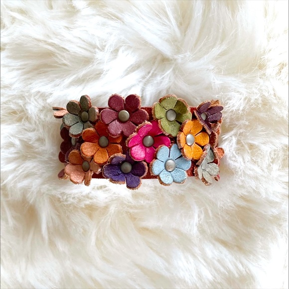 SOLD - Boho Floral Embellished Faux Leather Cuff Bracelet - Picture 1 of 7